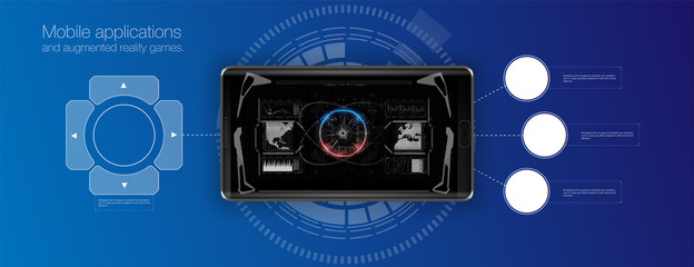 Poster - Mobile applications and augmented reality games. Presentation of a mobile application or game. The pattern of the mobile phone. Vector illustration.