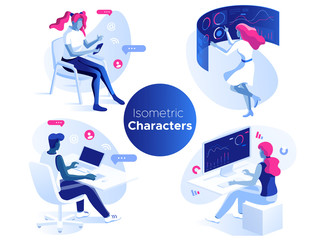 Fototapete - People work and interacting with graphs, icons and devices. Data analysis and office situations. 3D Isometric vector illustration set. Mobile application and website header images on white background.