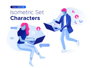 Fototapete - People work and interacting with graphs, icons and devices. Data analysis and office situations. 3D Isometric vector illustration set. Mobile application and website header images on white background.