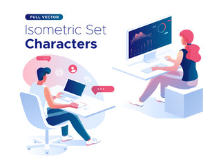 Fototapete - People work and interacting with graphs, icons and devices. Data analysis and office situations. 3D Isometric vector illustration set. Mobile application and website header images on white background.