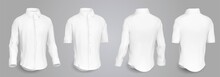 White Male Shirt With Long And Short Sleeves And Buttons In Front, Back And Side View, Isolated On A Gray Background. 3D Realistic Vector Illustration, Pattern Formal Or Casual Shirt