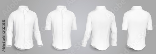 Fotomural White male shirt with long and short sleeves and buttons in front, back and side view, isolated on a gray background