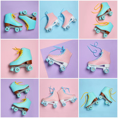 Wall Mural - set with stylish quad roller skates on color background, top view