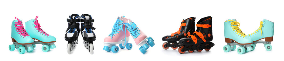 Wall Mural - set with different roller skates on white background