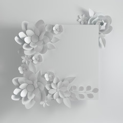 Wall Mural - Paper white elegant flowers on white background. Valentine's day, Easter, Mother's day, wedding greeting card. 3d render digital spring or summer illustration in paper art style.