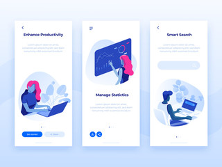Fototapete - People work and interacting with graphs and devices. Data analysis and office situations. 3D Isometric vector illustrations. Mobile application templates.