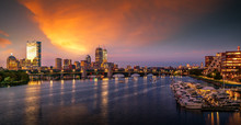 Bridge In Boston City With Night And Sunrise Morning Sky