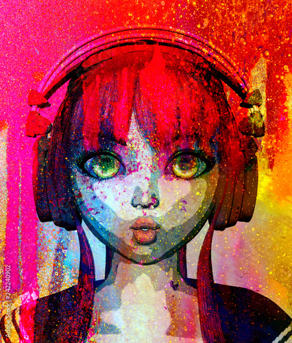 Dekoracja na wymiar  portret-szczesliwej-dziewczyny-anime-ze-sluchawkami-renderowanie-3d-styl-pop-art-art