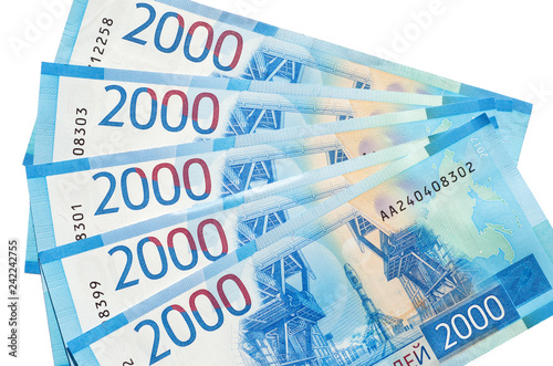 Fotografia Russian money. New banknotes of 2000 rubles on a white background