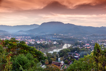 Wall Mural - Beautiful stunning sunset in Luang Prabang Laos, from Mount Phusi. Laos is a popular travel destination in Southeast Asia