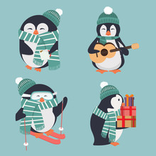 Cute Penguin Wearing Green Hat And Scarf Set