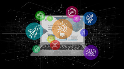 Poster - view of a cloud of colorfull start up icon bubble with a laptop 3d rendering