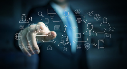 Aufkleber - Businessman using thin line social network icons interface