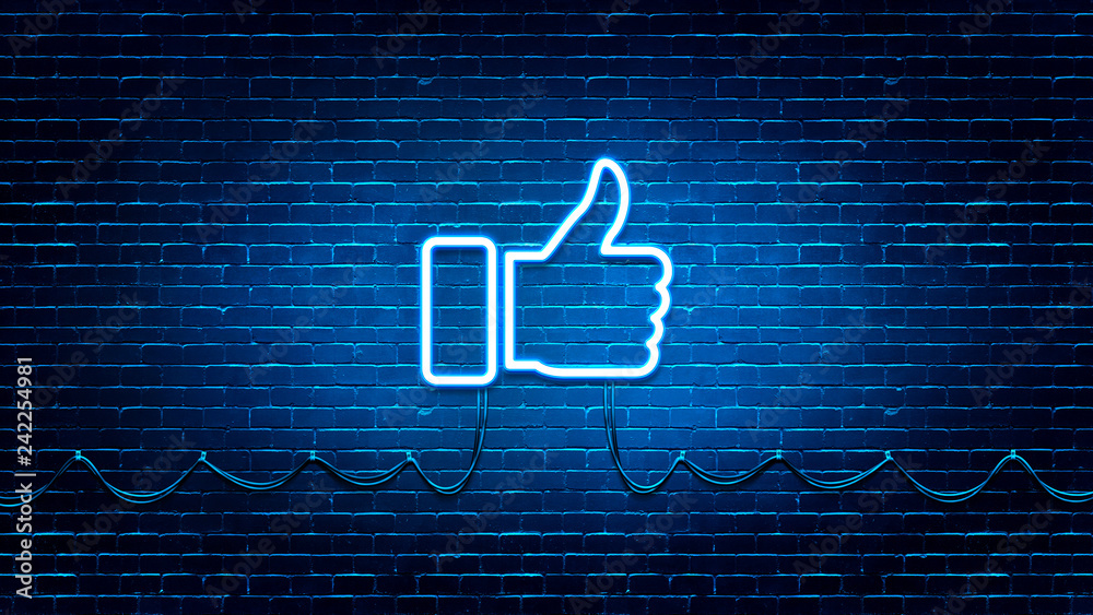 Neon Glowing Like (thumb) Button for Social Media on Brick Wall. Neon Facebook like icon illustration. - obrazy, fototapety, plakaty 