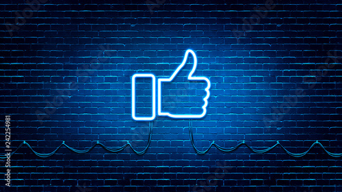Fotomural Neon Glowing Like (thumb) Button for Social Media on Brick Wall