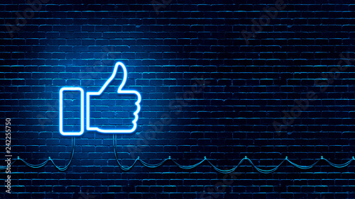 Neon Glowing Like (thumb) Button for Social Media on Brick Wall Poster Mural XXL