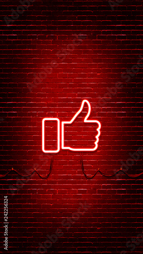 Neon Glowing Like Thumb Button For Social Media On Brick Wall Neon Facebook Like Icon Illustration Stock Photo Adobe Stock