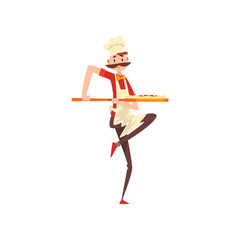 Sticker - Chef carrying pizza on a stove shovel, pizza maker character, stage of preparing Italian pizza vector Illustration