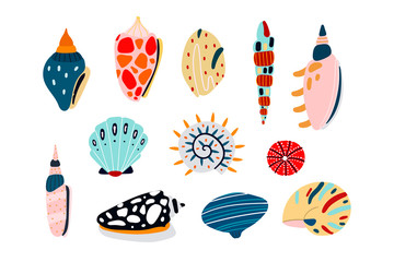 Hand drawn various seashells. Colored vector set. All elements are isolated