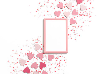 Photo frame mock up with colorful hearts on a white background