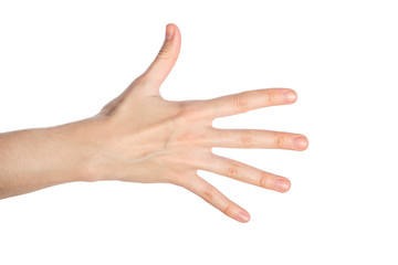 Wall Mural - Woman hand shows numder five gesture isolated on a white background