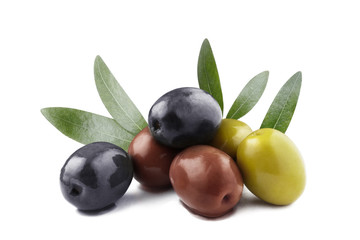 Wall Mural - Delicious olives with leaves, isolated on white background