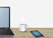 © shark749 - 3d realistic laptop notebook computer on vintage wooden desk with mobile phone and hot coffee cup vector illustration