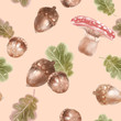 Seamless forest pattern, tileable pattern, textile, fashion background with acorns, leaves and mushrooms