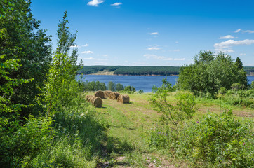 Wall Mural - beautiful summer landscape with sloping meadow, hay, forest and river with blue sky with clouds.