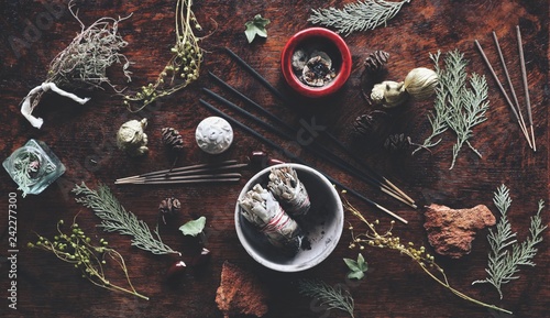 Fotomural Various air element objects to use in witchcraft and wicca on a witch's altar fi