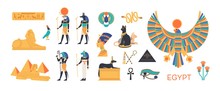 Ancient Egypt Set - Gods, Deities Of Egyptian Pantheon, Mythological Creatures, Sacred Animals, Holy Symbols, Hieroglyphs, Architecture And Sculpture. Colorful Flat Cartoon Vector Illustration.