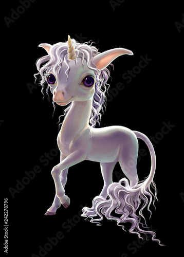 Fotografía white unicorn isolated on black background