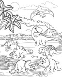 A dinosaur cartoon cute animal background prehistoric landscape coloring outline scene.