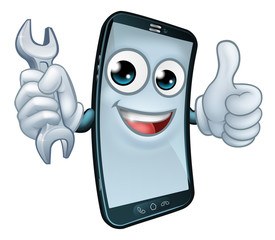 Canvas Print - A mobile phone repair service or perhaps plumber or mechanic app cartoon character mascot holding spanner and giving a thumbs up.