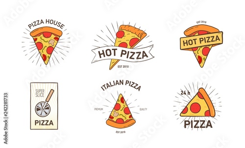 Fotografía Bundle of colored logotypes with appetizing pizza slices, wheel cutter and rays hand drawn in retro style