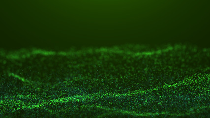 Poster - Wave Glow. Wave of particles. Wave 3d. 3d rendering. Futuristic dots background with a dynamic wave. Abstract Big Data Visualization.
