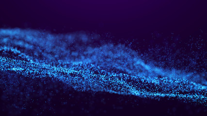 Poster - Wave Glow. Wave of particles. Wave 3d. 3d rendering. Futuristic dots background with a dynamic wave. Abstract Big Data Visualization.