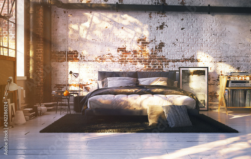 Bed In Old Vintage Loft Apartment 3d Rendering Stock Illustration Adobe Stock