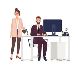 Poster - Female personal assistant poring coffee in cup of male boss sitting at desk and working on computer. Male and female professionals or colleagues. Colorful vector illustration in flat cartoon style.