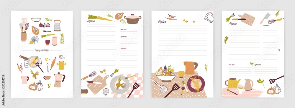 Collection of recipe card or sheet templates for making notes about meal preparation and cooking ingredients. Empty cookbook pages decorated with colorful crockery and vegetables. Vector illustration. - obrazy, fototapety, plakaty 