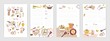 Collection of recipe card or sheet templates for making notes about meal preparation and cooking ingredients. Empty cookbook pages decorated with colorful crockery and vegetables. Vector illustration.