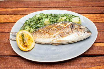 Wall Mural - Baked fish on a plate with spinach