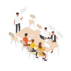 Poster - Group of people or office workers sitting at table and talking to each other. Work meeting, formal discussion, team communication, brainstorm, business negotiation. Isometric vector illustration.