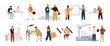 Collection of smiling male and female architects and construction engineers working on architecture project. Profession, occupation or job set. Colorful vector illustration in flat cartoon style.