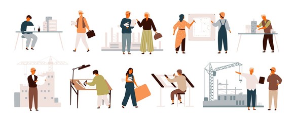 Aufkleber - Collection of smiling male and female architects and construction engineers working on architecture project. Profession, occupation or job set. Colorful vector illustration in flat cartoon style.