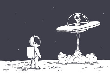 Wall Mural - astronaut watches as an alien flies away