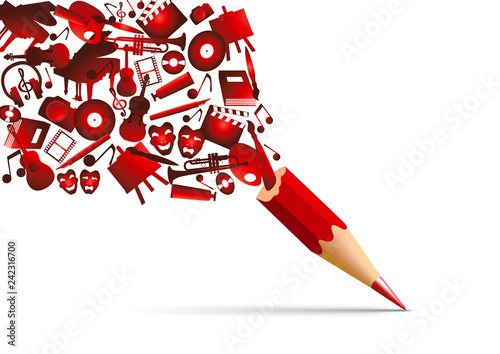 Photographie Concept de l’espace culturel avec l’univers de la création artistique symbolisé par des pictogrammes qui s’échappent d’un crayon de couleur rouge