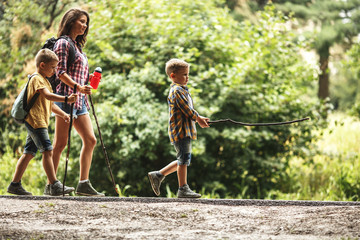 Wall Mural - mother and her little sons hiking trough forest .outdoor spring leisure concept.