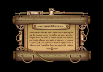 Wall Mural - Freely editable mechanical banner decorated with brass gears, nozzles and rivets on a black Steampunk background.