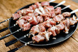 © SerPak - Pieces of raw meat are strung on skewers. Close-up. View from above.